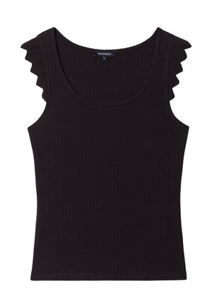 Zwarte geribbelde tanktop met kanten details op de schouderbanden. Gladde textuur en aansluitend ontwerp.