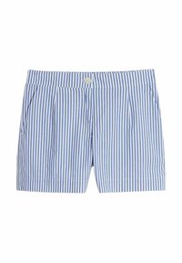 Blå och vita rutiga shorts med knäppning, veck och en slät tygkvalitet. Kort längd med sidofickor.