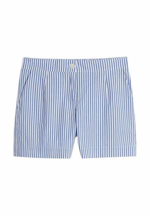 Blå och vita rutiga shorts med knäppning, veck och en slät tygkvalitet. Kort längd med sidofickor.