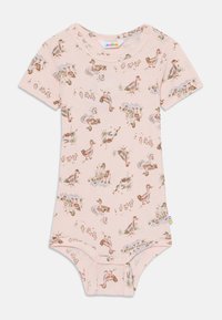 Ljusrosa kortärmad bodysuit med ett mönster av ankor och kycklingar. Har tryckknappar i botten och är tillverkad av mjuk bomull.