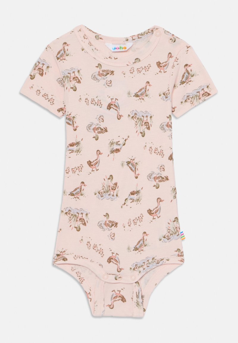 Šviesiai rožinės spalvos trumpomis rankovėmis bodikso forma, su antis ir viščiuko raštu. Turi spaustukus apačioje ir minkštą medvilnės audinį.