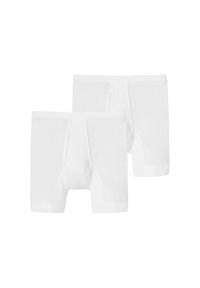 White cotton boxer shorts, featuring a soft fabric, ribbed texture, and an elastic waistband. Two pairs displayed.