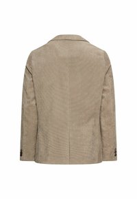 Beige Samtblazer mit Reverskragen, taillierter Passform und knöpfbaren Manschetten. Glatte Textur und Rückenschlitz.