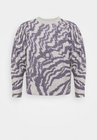 Top a maniche lunghe viola e grigio con scollatura a girocollo e maniche a sbuffo; realizzato in un tessuto morbido e testurizzato.