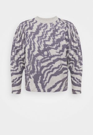 Lilla og grå mønstret langærmet top med rund hals og puffede ærmer; lavet af et blødt, struktureret materiale.