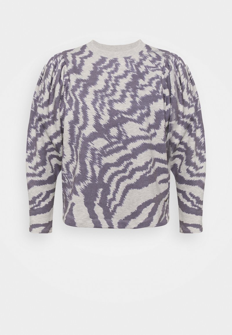 Top a maniche lunghe viola e grigio con scollatura a girocollo e maniche a sbuffo; realizzato in un tessuto morbido e testurizzato.