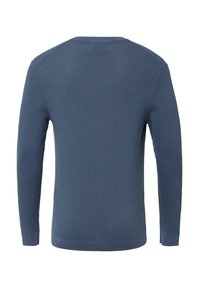 Niebieski sweter z prążkowanej dzianiny, długie rękawy, okrągły dekolt, teksturowany materiał, z prostym dołem i bez wzorów czy ozdób.
