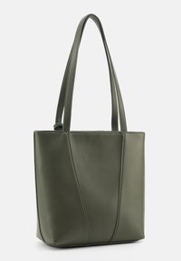 Olive green tote bag made of smooth, synthetic leather. Features two long handles and subtle stitched panel detailing.