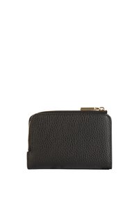Portefeuille en cuir texturé noir avec fermeture éclair. Dispose d'un intérieur lisse et d'accents en métal doré pour un accès et une organisation faciles.