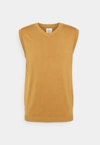 Ærmeløs strikket sweater i sennepsgul med V-hals og ribbet kant, med en glat tekstur og minimalistisk design.