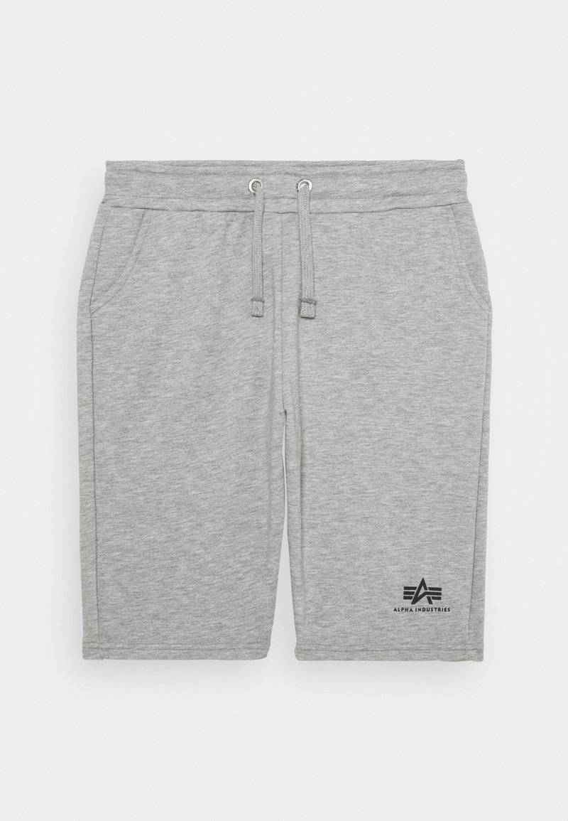 Shorts en tricot gris clair avec taille à cordon, poches latérales et logo Alpha Industries noir sur la jambe gauche.
