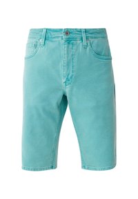 Turkusowe szorty dżinsowe o gładkiej fakturze, z pięcioma kieszeniami i pojedynczym metalowym zapięciem w pasie.