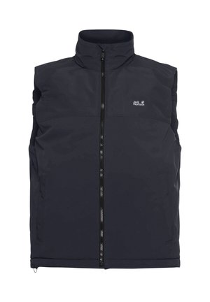 Marineblaues ärmelloses Vest mit hohem Kragen, Reißverschluss vorne und Logo auf der Brust; hat eine glatte Textur und seitliche Taschen.