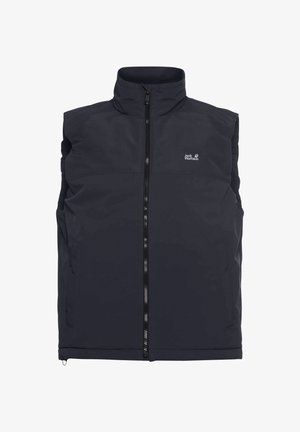 Marineblaues ärmelloses Vest mit hohem Kragen, Reißverschluss vorne und Logo auf der Brust; hat eine glatte Textur und seitliche Taschen.