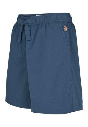 Muške kupaće kratke hlače u tamnoplatoj tkanini. Imaju elastični pojas s vezicom, bočne džepove i mali izvezani logo.