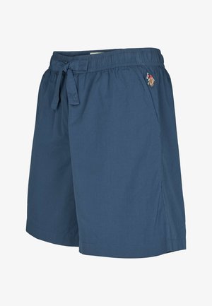 Vīriešu peldbikses tumši zilā audumā. Tās ir ar elastīgu jostu un auklu, sānu kabatām un mazu izšūtu logotipu.