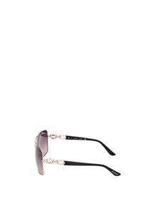 Ochelari de soare cu lentile gri cu gradient, accente metalice de aur roz și brațe din plastic negru cu un design în formă de lanț. Logo pe vârful brațelor.