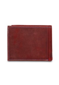 Portafoglio in pelle rossa, design a due ante, texture liscia, cuciture blu a contrasto, accenti geometrici sul bordo, forma compatta.