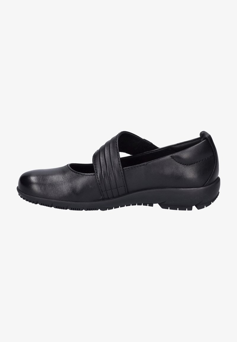 Chaussure Mary Jane en cuir noir avec bride élastique et semelle en caoutchouc à rainures, vue de côté sur fond blanc.