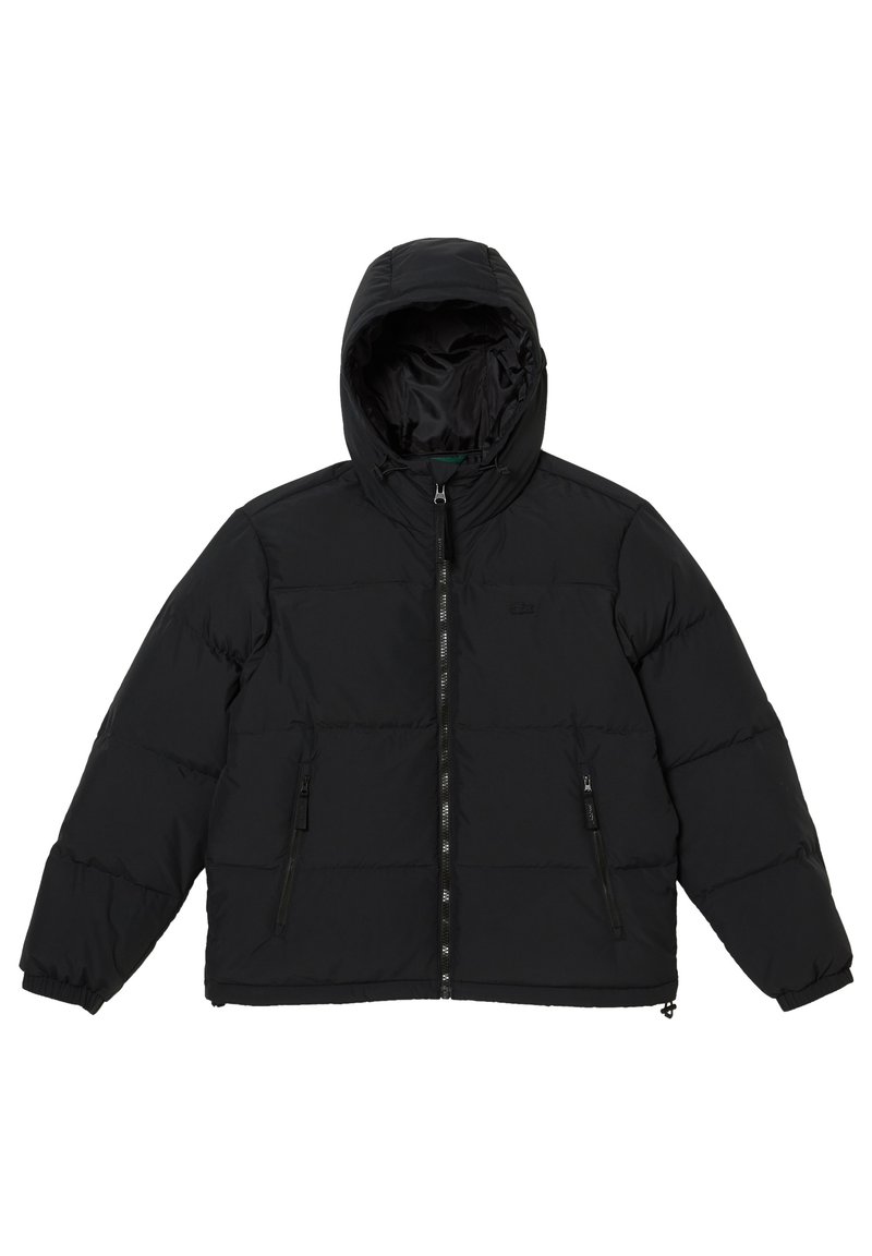 Doudoune noire avec capuche, dotée d'une fermeture zip à l'avant, de deux poches latérales zippées et d'un rembourrage matelassé pour l'isolation.