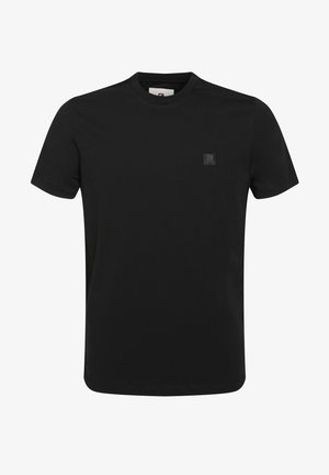 Črna kratka majica s kratkimi rokavi iz bombaža, z okroglo ovratnico in majhnim teksturiranim logotipom na levi strani prsnega koša.