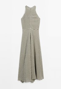 Robe sans manches, longueur cheville, avec un col montant, présentant un motif à petits carreaux noirs et blancs sur un fond clair.