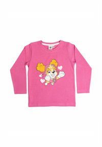 T-shirt a maniche lunghe rosa in cotone, con un design di un cane dei cartoni animati con orecchie gialle, pelo rosa e cuori sullo sfondo.