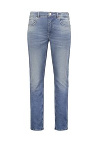 Lichtblauwe denim jeans met een fitted design, vijf-pocket stijl en een knoopsluiting. De stof heeft subtiele vervaging en een gladde textuur.