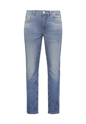 Light blue denim jeans with a fitted design, five-pocket style, and a button closure. The fabric features subtle fading and a smooth texture.