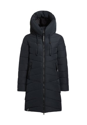 Cămașă lungă de puf neagră, cu o glugă înaltă și căptușită, având un fermoar frontal, două buzunare laterale și un model quiltat în formă de zig-zag pe material.
