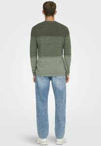 Lange mouwen groene gradient gebreide shirt met een ronde hals, gecombineerd met lichtblauwe denim jeans en witte sportschoenen.