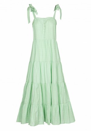 Grünes, gestuftes Maxikleid mit durchgehender Knopfleiste und verstellbaren, gebundenen Schulterträgern, aus leichtem, strukturiertem Stoff.