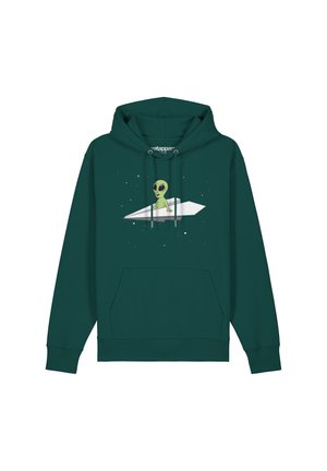 Grüner Sweatshirt mit einer Fronttasche, das ein grafisches Motiv eines Aliens in einem weißen Papierflieger vor einem sternenübersäten Hintergrund zeigt.