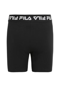 Svarta bomullskalsonger med en bred elastisk midjeband som har "FILA"-logotypen i vitt. Slät textur och åtsittande design.