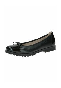 Black leather ballet flat with a glossy patent toe cap and bow accent. Features a textured surface and a rubber sole for grip.