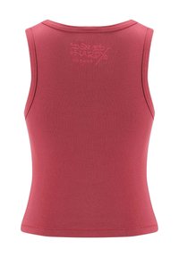 Top ajustado rojo sin mangas con cuello redondo. Incluye un logo sutil impreso en la parte posterior. Textura suave, tela elástica.