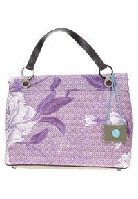 Borsa a tracolla con motivo floreale viola e design geometrico, manico in pelle e etichetta attaccata. Presenta una texture liscia e una forma strutturata.