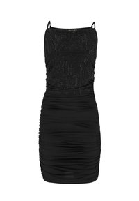 Schwarzes Mini-Kleid mit verstellbaren Spaghetti-Trägern, das ein gerafftes Design aufweist und mit schimmernden Verzierungen im Brustbereich geschmückt ist.