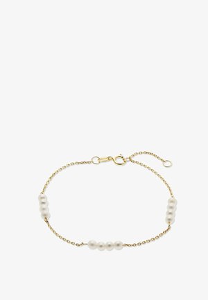 Feines Goldkettenarmband mit drei gleichmäßig verteilten weißen Perlenclustern und einem kleinen verstellbaren Verschluss.