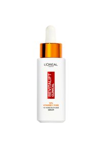Sérum L'Oréal Paris Revitalift Clinical dans un flacon blanc avec un compte-gouttes. Présente un accent doré métallique et une étiquette rouge avec les détails du produit.