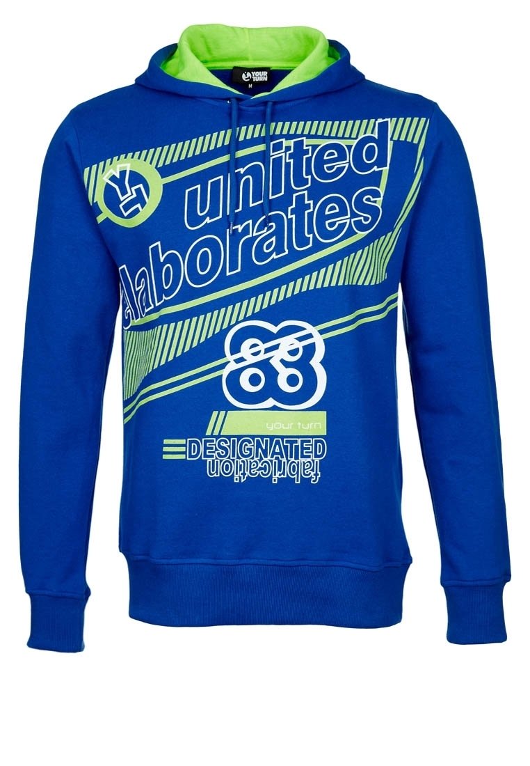 Felpa blu con accenti verdi e una stampa grafica. Presenta un cappuccio con coulisse e polsini a coste. Realizzata in un morbido tessuto testurizzato.