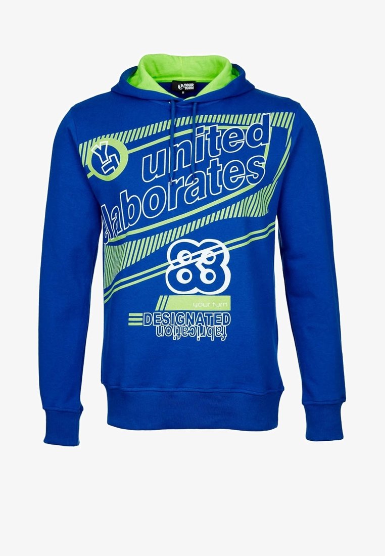 Felpa blu con accenti verdi e una stampa grafica. Presenta un cappuccio con coulisse e polsini a coste. Realizzata in un morbido tessuto testurizzato.
