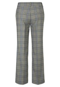 Pantalon à carreaux gris avec jambes larges, présentant un mélange de carreaux bleus et jaunes. Poches arrière unies et taille structurée.