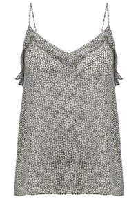 Mustavalkoinen kukkakuosisilla hihattomalla paidalla, jossa on ohuet olkaimet, röyhelöreunat, mahdollisimman paljon ilmavuutta, ja pehmeä, kevyt kangas.