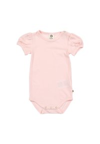 Světle růžový bavlněný dětský overal s krátkými nadýchanými rukávy, žebrovanou texturou a patentkami ve spodní části pro snadné oblékání.