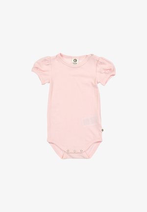 Lyserød bomulds babybodystocking med korte puffy ærmer, ribbet tekstur og trykknapper i bunden for nem påklædning.