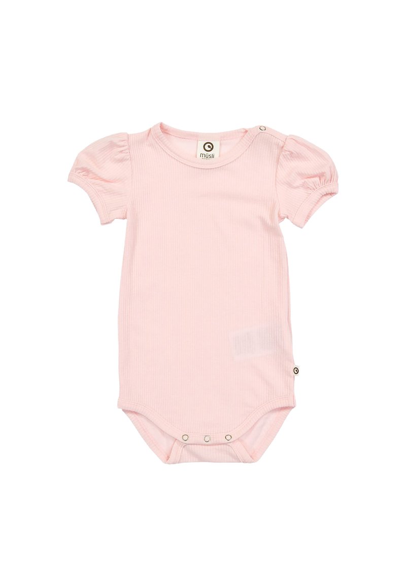 Světle růžový bavlněný dětský overal s krátkými nadýchanými rukávy, žebrovanou texturou a patentkami ve spodní části pro snadné oblékání.