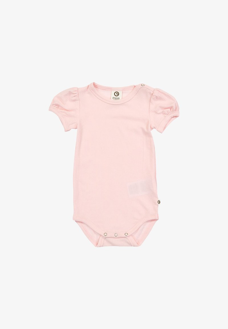 Světle růžový bavlněný dětský overal s krátkými nadýchanými rukávy, žebrovanou texturou a patentkami ve spodní části pro snadné oblékání.