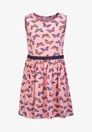 Ärmelloses pinkfarbenes Mädchenkleid mit mehrfarbigem Schmetterlingsmuster und schwarzem Glitzergürtel, figurbetontem Oberteil und gerafftem Rock.