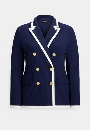 Temno modro dvoprsno srajčno jakno z belim robom, zlatimi gumbi, zareznim ovratnikom in sprednjimi žepi s poklopcem.